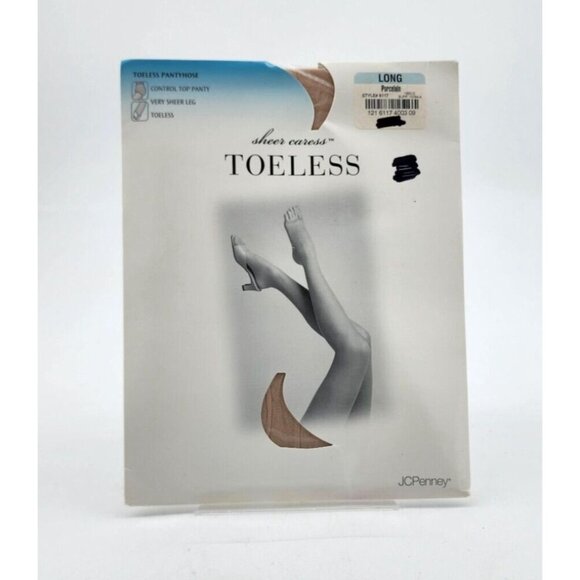 x2 JC Penney Sheer Caress Control Top Toeless Pantyhose Porcelain Size Long - Picture 2 of 9